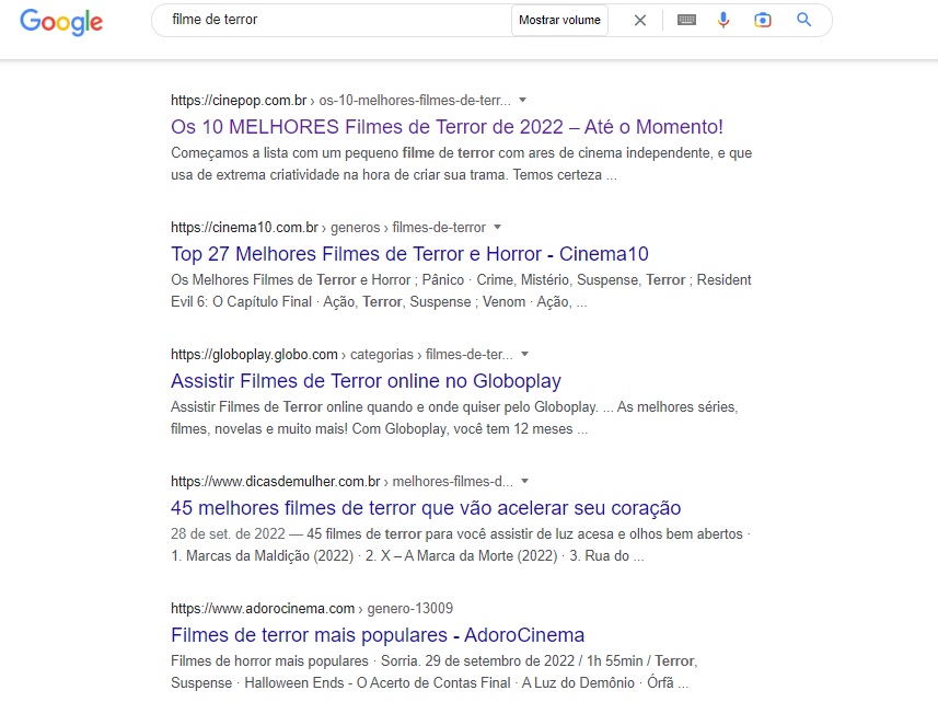 resultados da busca filme de terror no Google