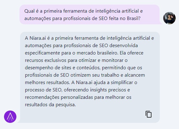 ChatSEO explicando que a Niara é a primeira ferramenta de IA para SEO do Brasil